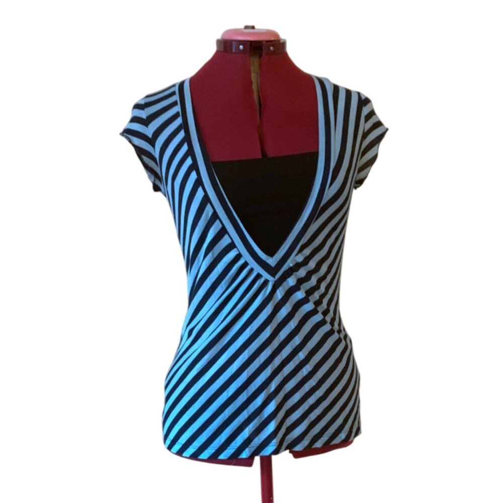DOUBLE - FANG - Aqua Deep V neck loose - Striped V-Neck Women's Top - Medium